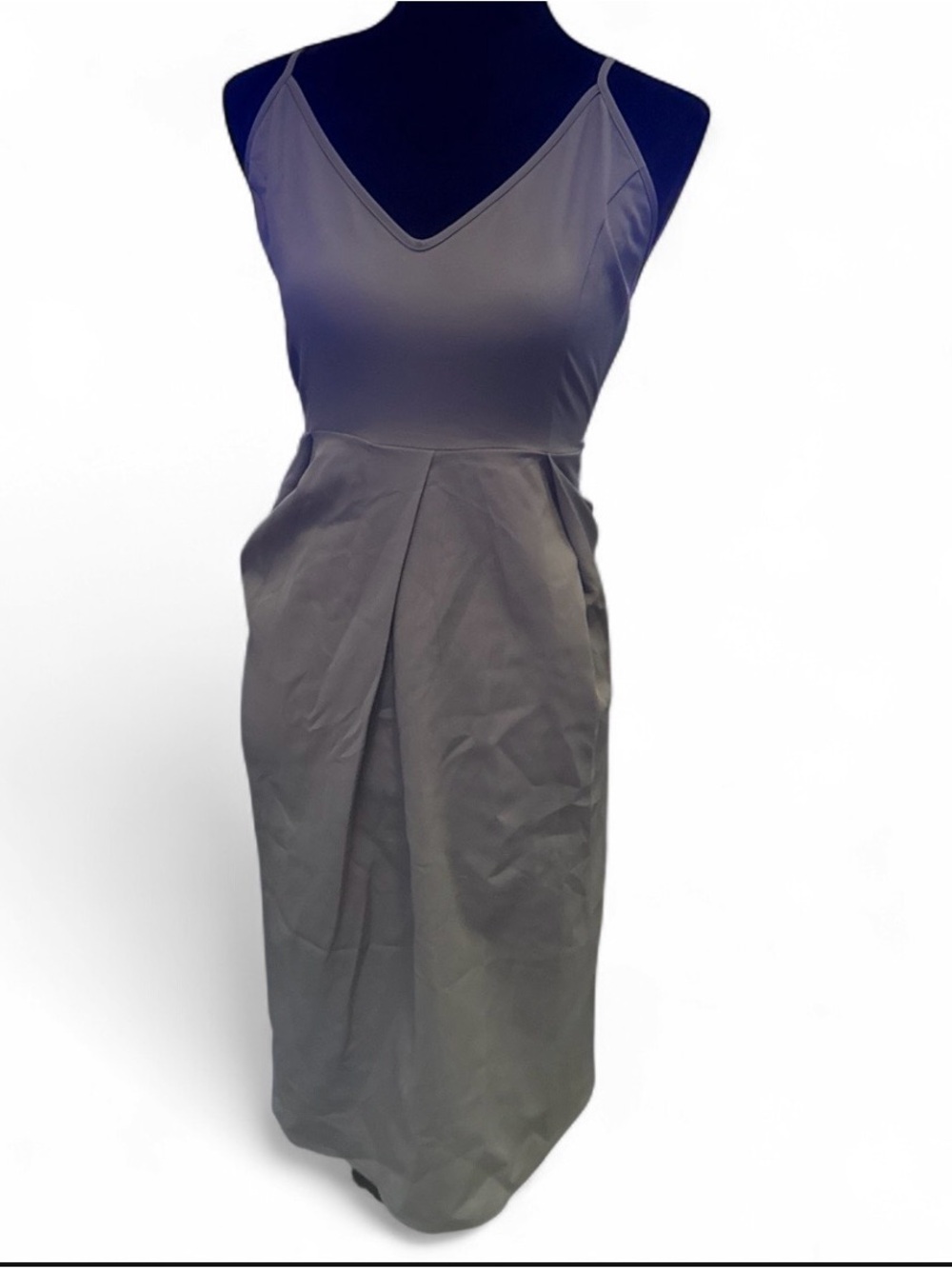 Sleeveless V-Neck Midi Dress in Gray with Front Pleat
